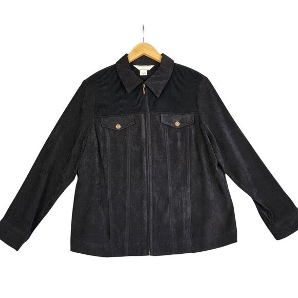 Allison Daley Womens Vintage Faux Suede Jacket Petite Size 12P Black Ribbed Zip - Picture 1 of 11
